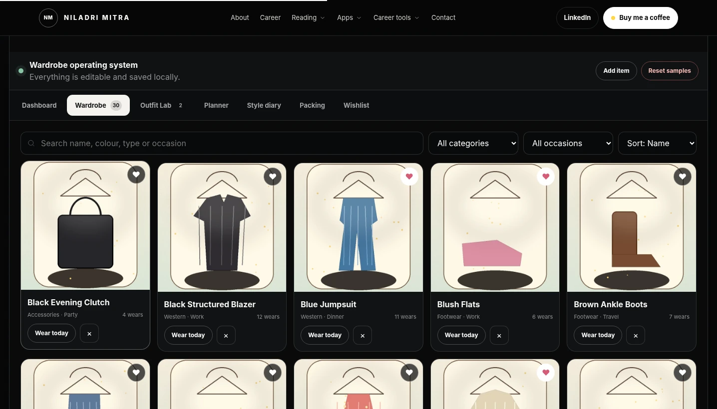 The Closet wardrobe grid and outfit planning interface