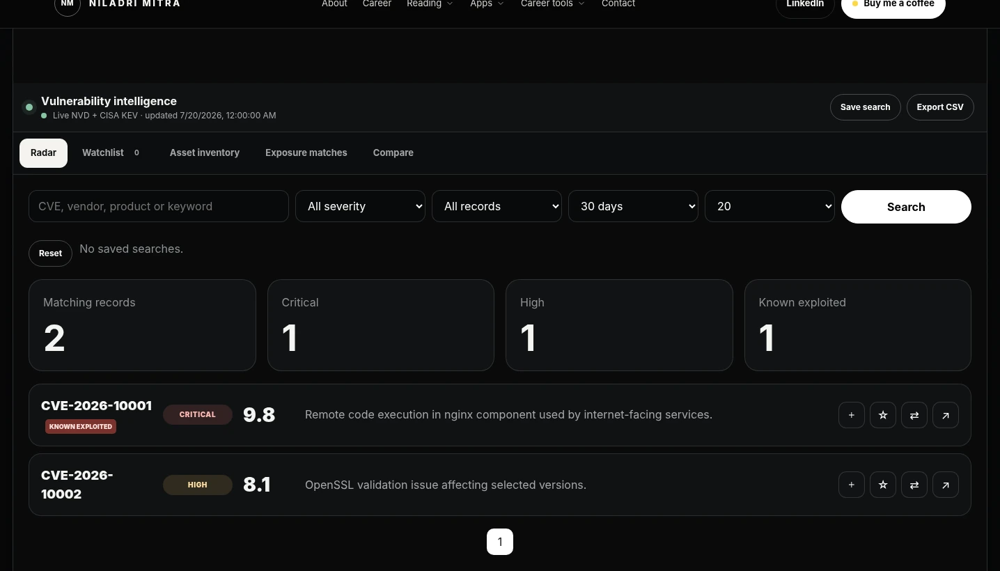 CVE Radar vulnerability intelligence workspace