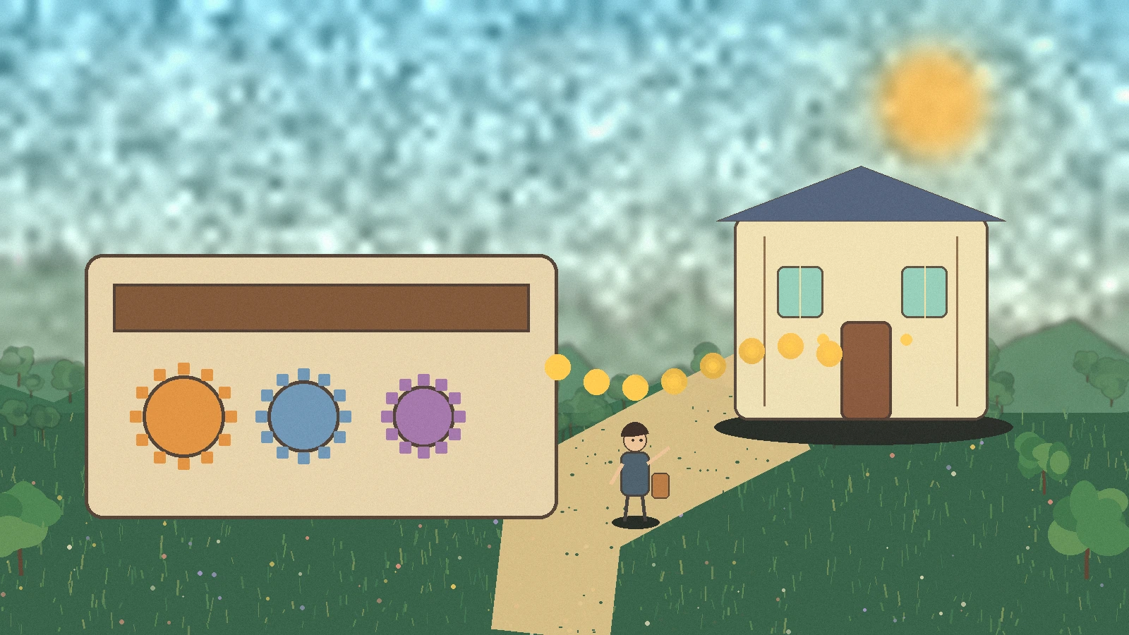 A whimsical customer-success workshop in a green valley
